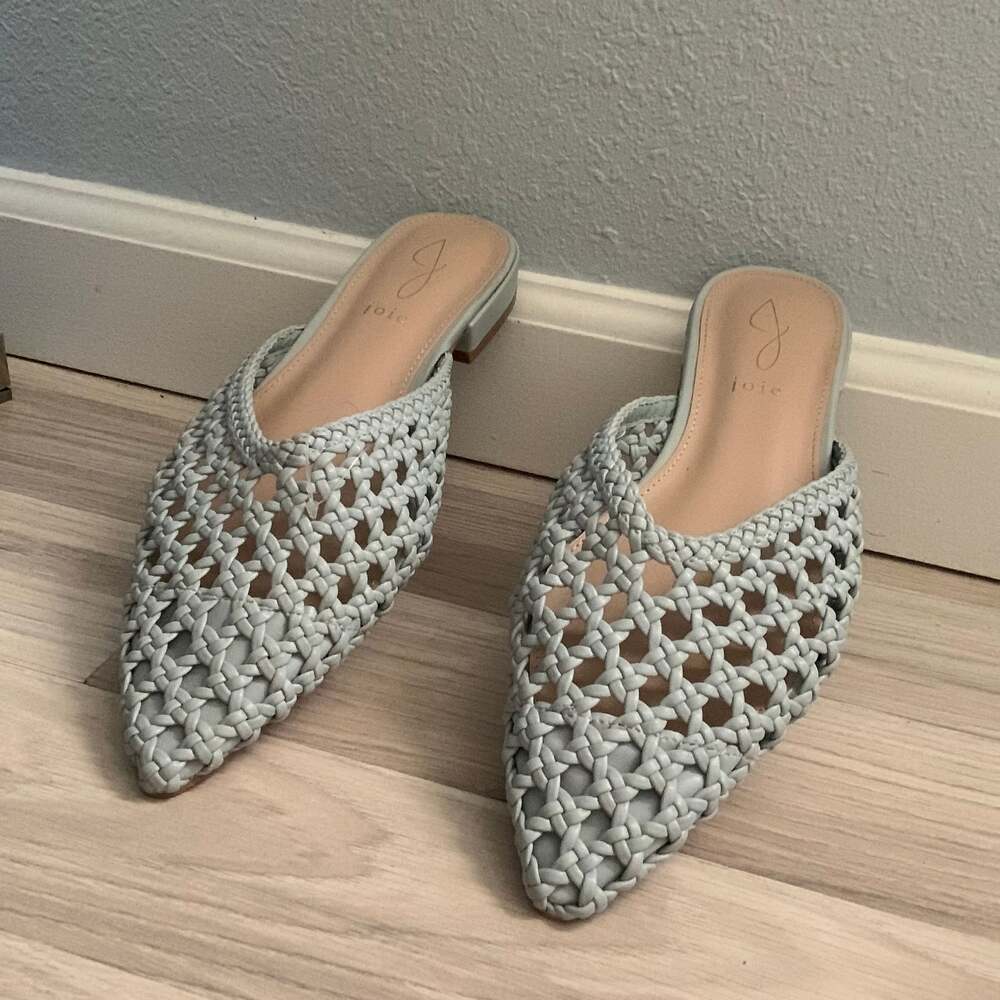 Joie Leather Woven Mules, Flat Women's Behold 8.5M Pointed Toe Light Blue